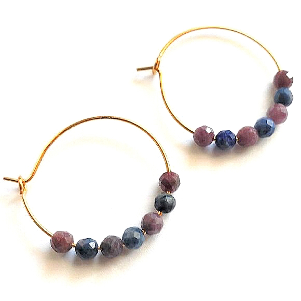 Genuine raw Ruby & Sapphire gold stainless steel hoop earrings